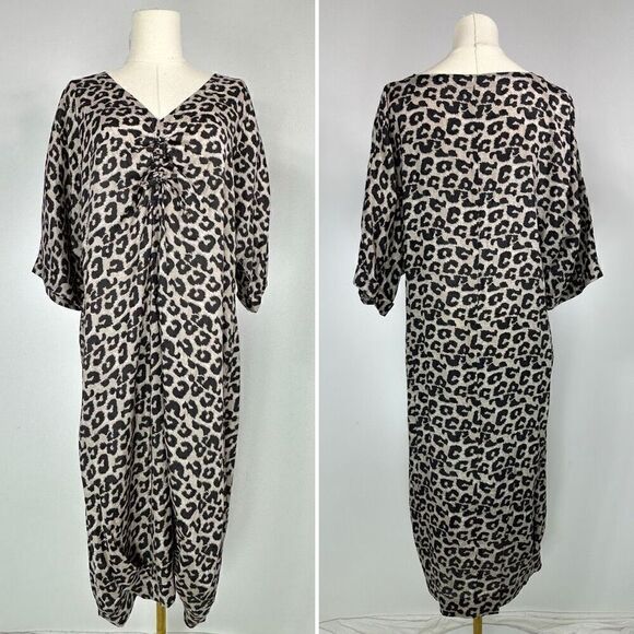 Masai Leopard Lantern Hem Midi Dress Size XL Resort Wear Safari Chic Lagenlook - Picture 1 of 10